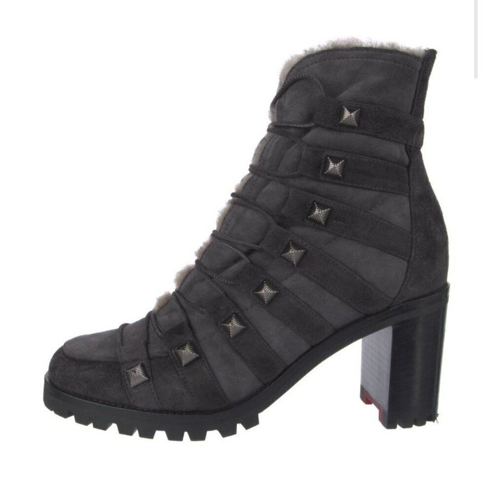 christian louboutin Authentic Gray Black Suede Leather Heel Combat Boots 8